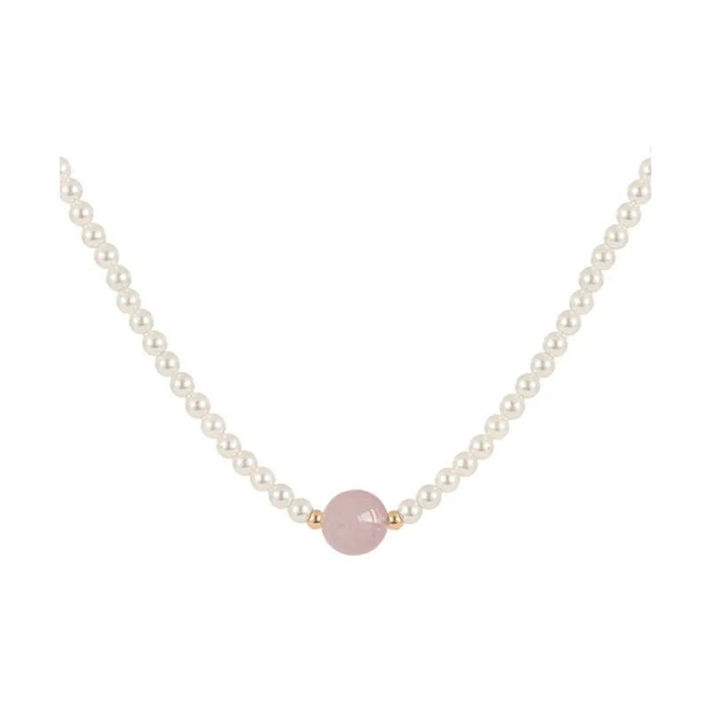 NATURALLYJOJO Titanium Steel Pink Crystal Faux Pearl Necklaces Women's Pink/White-0