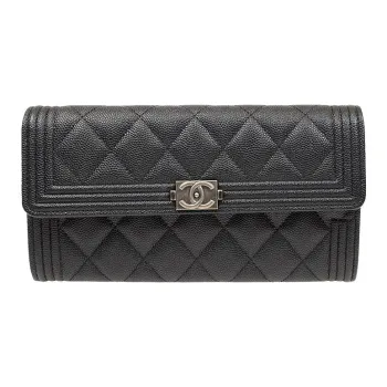 CHANEL LEBOY Cow Leather Wallet Women's Black