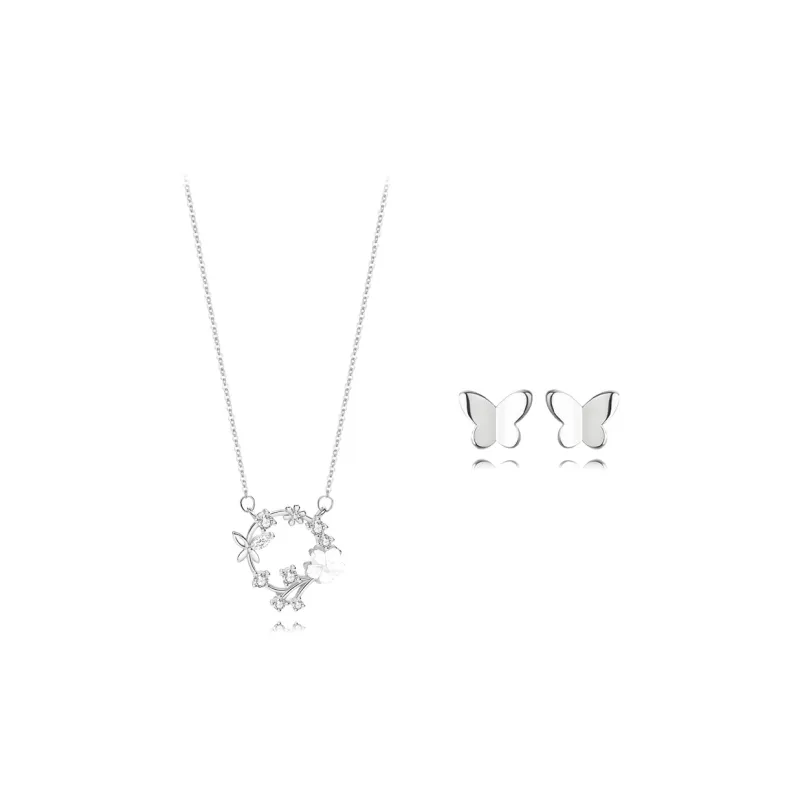 Muyan S925 Silver Cherry Blossom Butterfly Necklace Set Women's-1