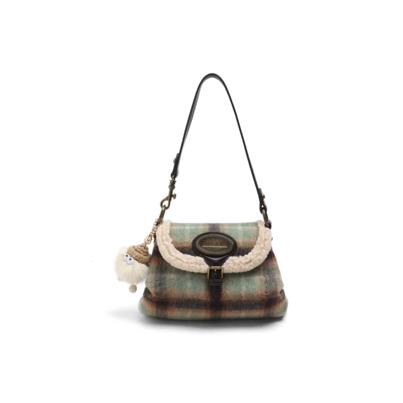 MZ HOUGE Plush Fall Winter Toast Bag Dumpling Bag Premium Versatile Shoulder Bag Women's Green Plaid-0