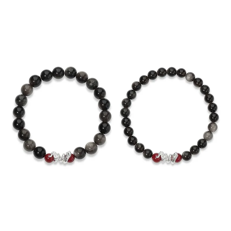 DVNRR Silver Sheen Obsidian Bracelets Unisex Gift Box Set Good Luck-0