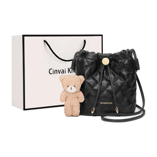 Simvay Clos Cow Leather With Synthetic Leather Shoulder Bag Bucket Bag Small Size Women's Black/Ecru