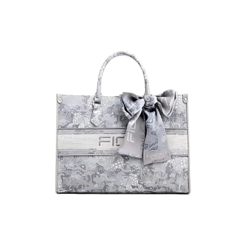 FION Clever Brocade Series Textile Cow Leather Shoulder Bag Combo Bag Tote Women's Light Gray-7