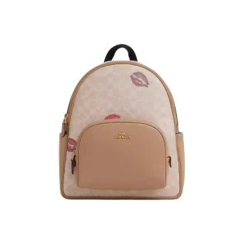 COACH Teri Coated Canvas With Leather Backpack Medium Size Women's Gold & Sand Multicolor