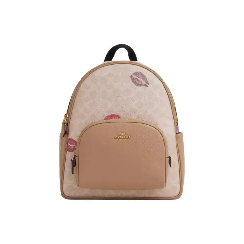 COACH Teri Coated Canvas With Leather Backpack Medium Size Women's Gold & Sand Multicolor
