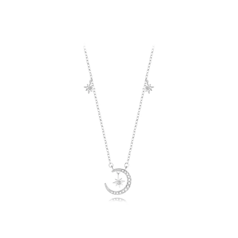 Muyan S999 Fine Silver Sparkling Star Moon Necklace Women's-0