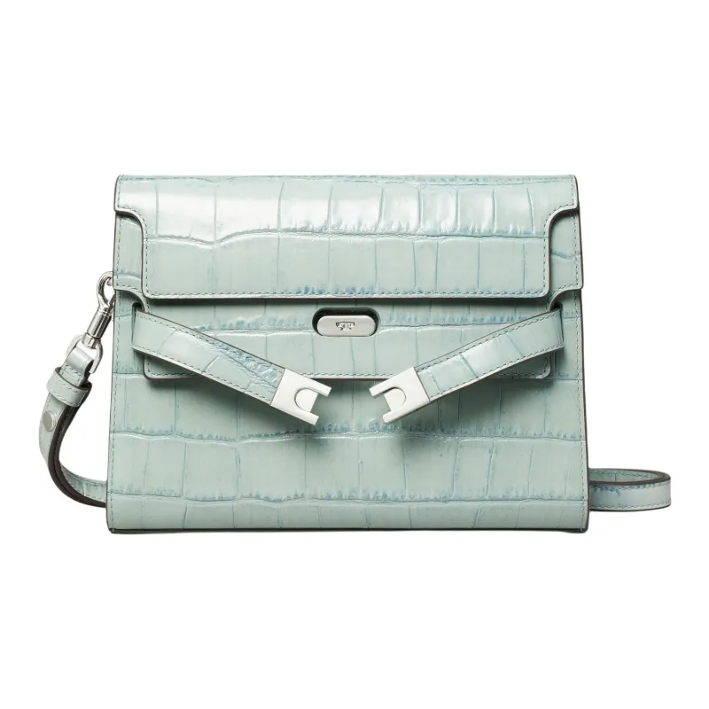 TORY BURCH Lee Radziwill Crocodile Embossed Leather Crossbody Bag, Shoulder Bag Small Size Women's Celadon-0