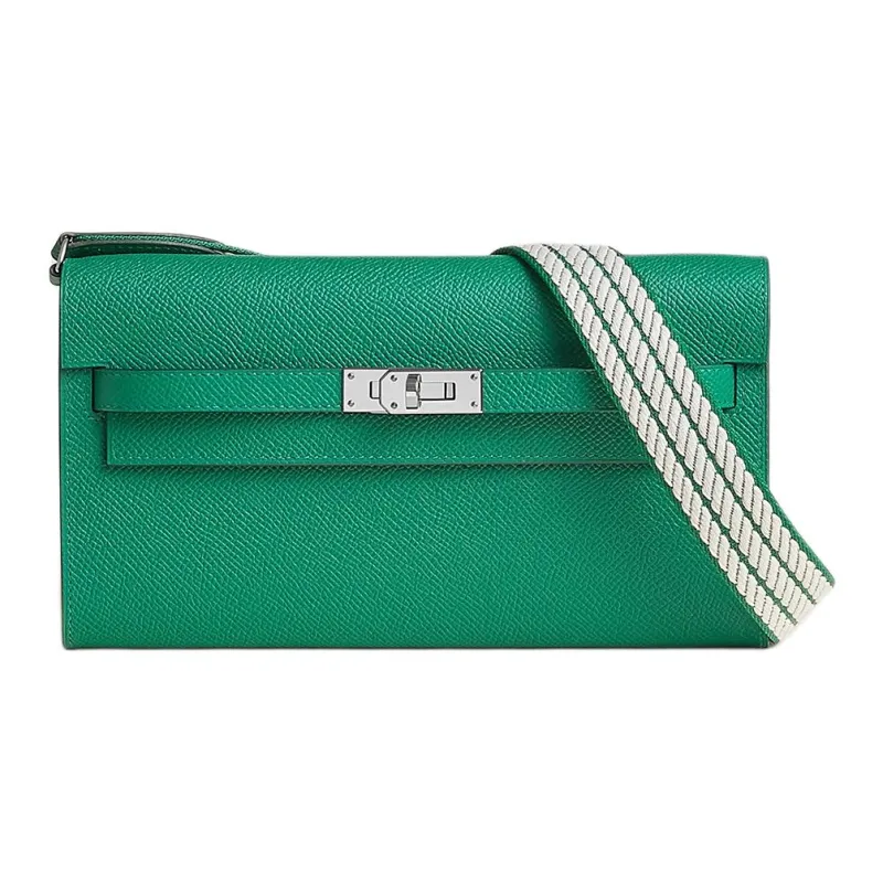 HERMES Kelly To Go Epsom Calfskin With Cordage Canvas Wallet Women's Iridescent Green-1