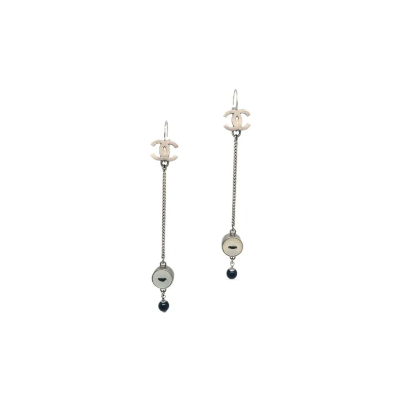 CHANEL 2008 Cc Button Dangle Clip on Earrings-1