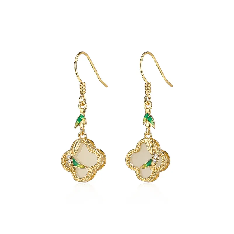 Cuiya Golden Building Hetian Jade Earrings Pale Greenish White Jade Unisex-0