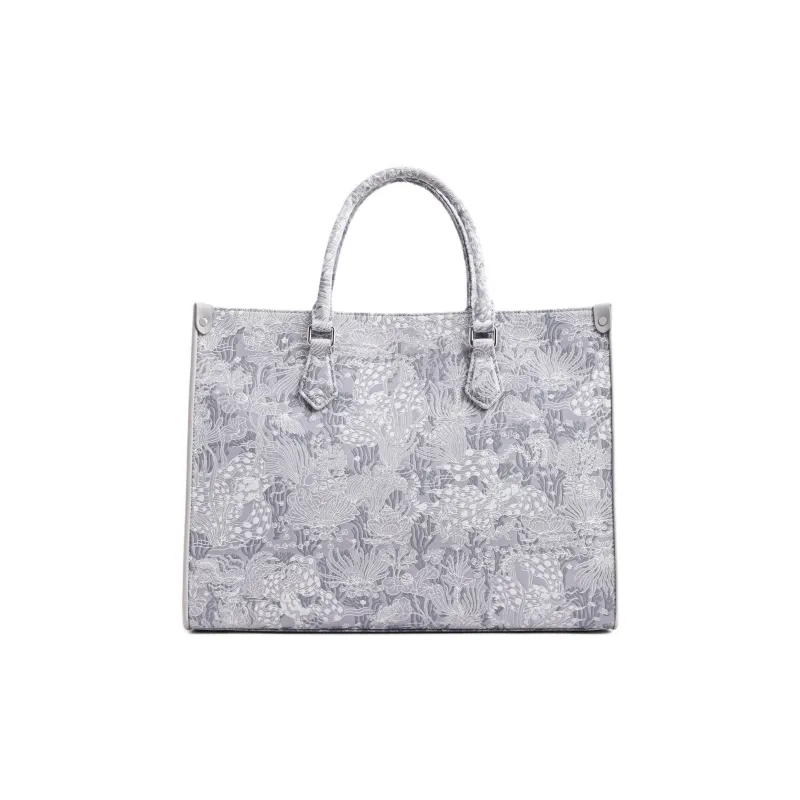 FION Clever Brocade Series Textile Cow Leather Shoulder Bag Combo Bag Tote Women's Light Gray-9