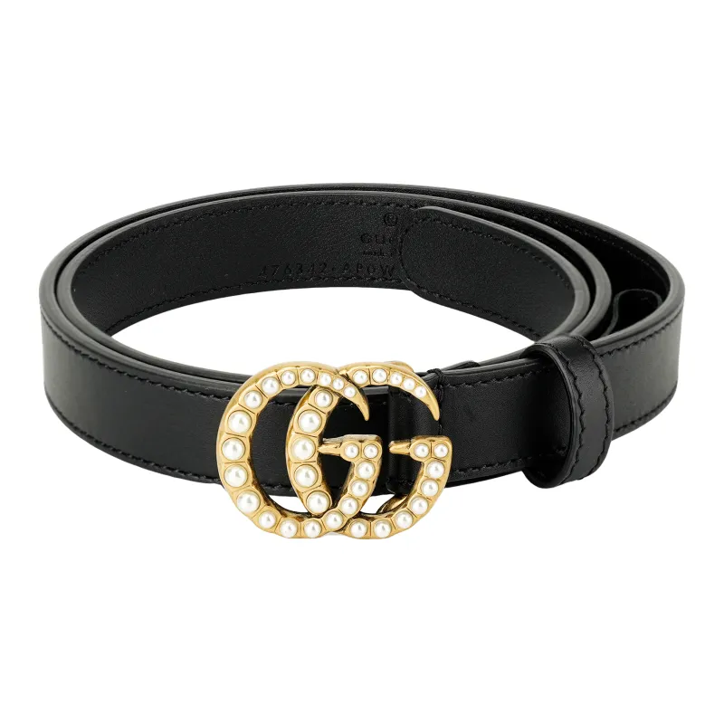 GUCCI Double G Thin Leather Belt Pearl Buckle 0.8 Width-1