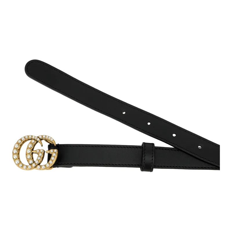 GUCCI Double G Thin Leather Belt Pearl Buckle 0.8 Width-3