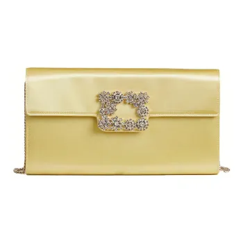 Roger Vivier Flower Strass Silk Satin Envelope Bag, Clutch, Chain Shoulder Bag, Crossbody Bag Women's Yellow, Candy