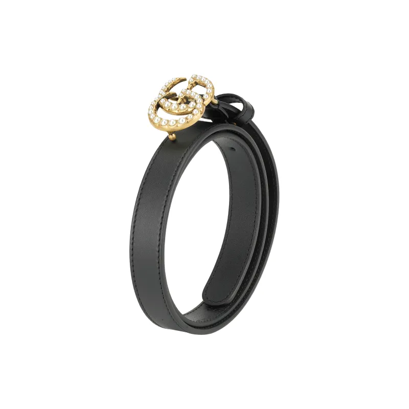 GUCCI Double G Thin Leather Belt Pearl Buckle 0.8 Width-2
