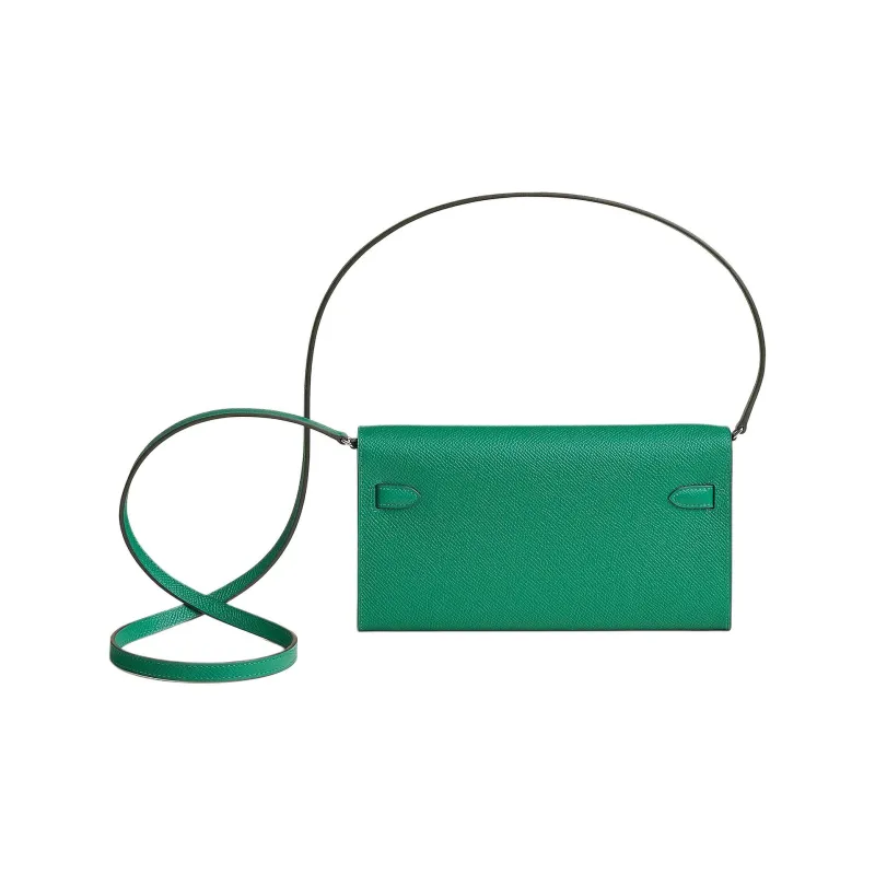 HERMES Kelly To Go Epsom Calfskin With Cordage Canvas Wallet Women's Iridescent Green-2