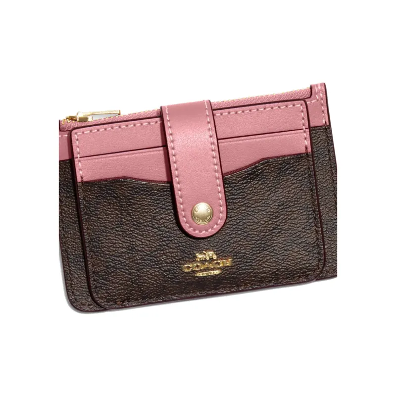 COACH Card Case Signature Coated Canvas With Smooth Leather Coin Purses Card Holders Mini Women's Brown & Pink-2
