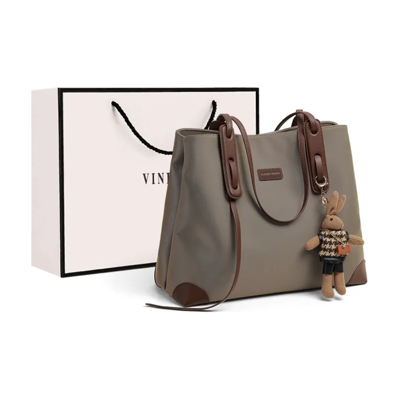 VINEY Fabric Tote Shopping Bag Shoulder Bag Large Size Women's Khaki-5