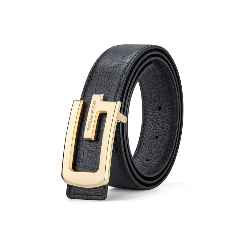 WilliamPOLO Cow Leather Leather Belts Men's Gold 3.5cm Width-0