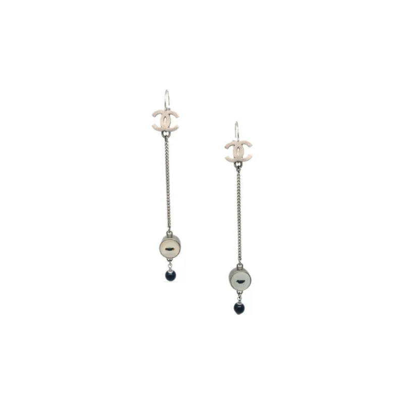 CHANEL 2008 Cc Button Dangle Clip on Earrings-0