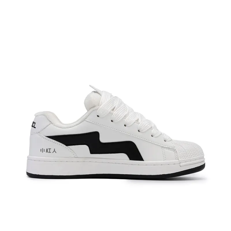 Little Red Man Warm And Wear Resistant Low Top Skateboard Shoes Women's White Black-2