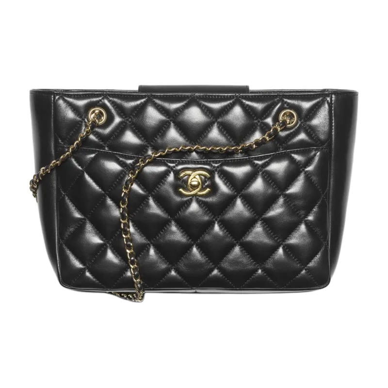 CHANEL Lambskin Tote Bag, Shopping Bag, Shoulder Bag Trumpets Women's Black-0