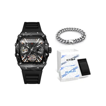 MUKUO Master Industrial Cool Tonneau Style Automatic Mechanical Movement Silicone Strap Watch Men's Watches Black Dial