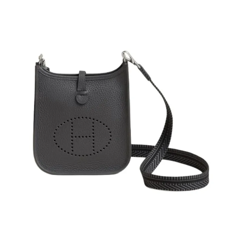 HERMES Evelyne Clemence Bullock Leather Shoulder Bag, Crossbody Bag Women's Dusty Gray & Black-0