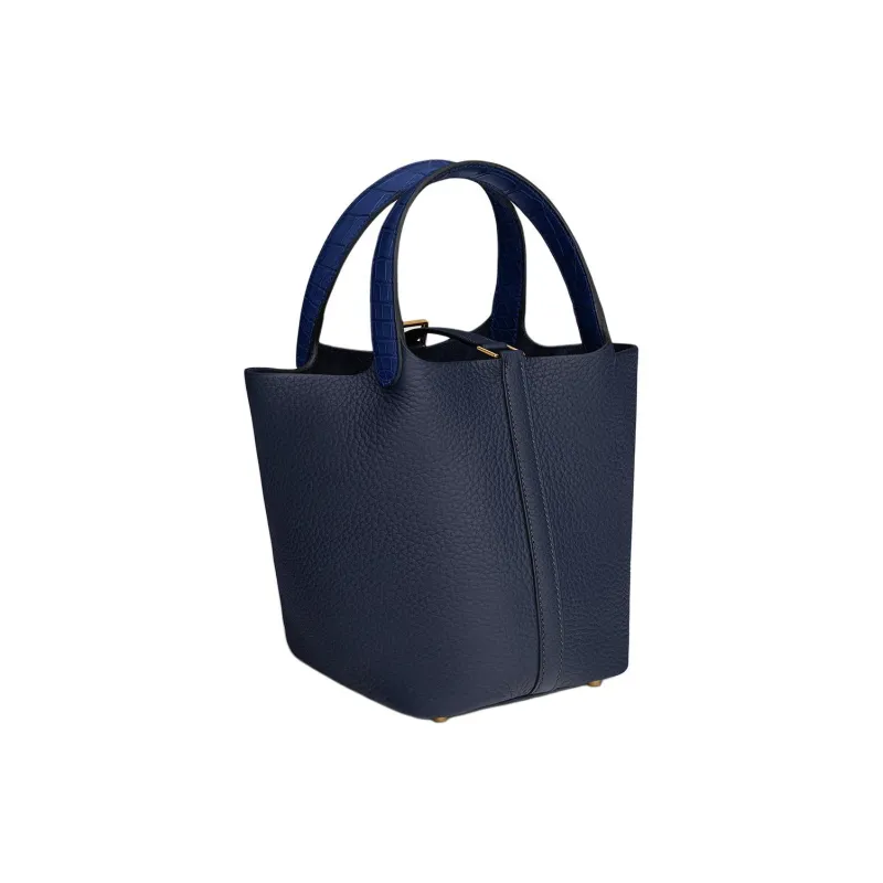 HERMES Picotin Lock Clemence Bullock Leather Matte Crocodile Leather Bucket Bags Handbags Women's Marine Blue-2