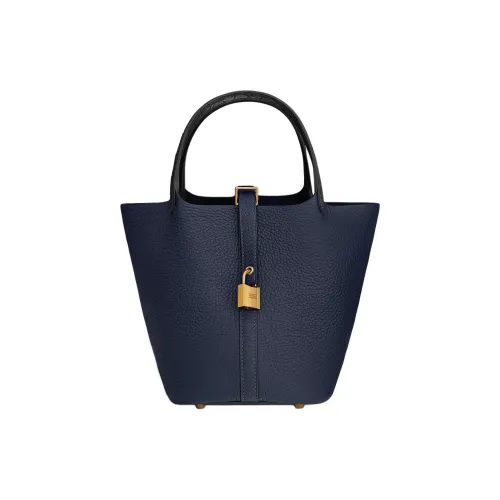 HERMES Picotin Lock Clemence Bullock Leather Matte Crocodile Leather Bucket Bags Handbags Women's Marine Blue