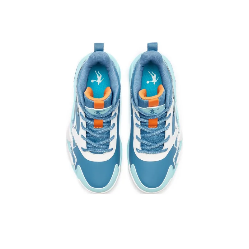QIAODAN Slip Resistant Shock Absorbers Mid Top Children's Basketball Shoes Blue Teenagers-3