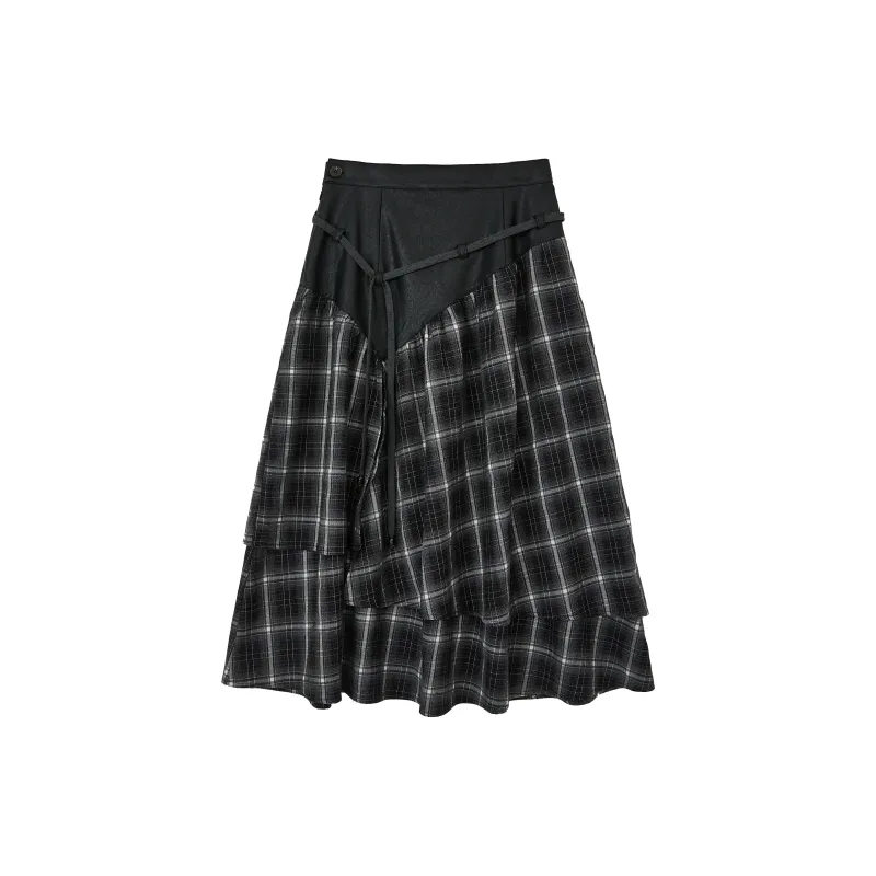 WULISHAONIAN Patchwork Plaid Asymmetrical Drawstring Versatile Playful Half Length Long Skirt Women's-3