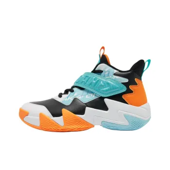 QIAODAN Slip Resistant Cushioning Mid Top Children's Basketball Shoes Black Blue Size 34 42 Teenagers