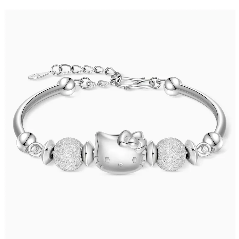 Sanrio S925 Silver Bracelet With Refined Zircon KT Cat Minimalist Style Plain Silver Bangle, Gift Box Set Women's-1