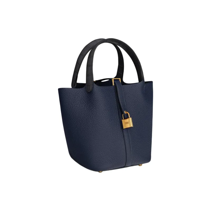 HERMES Picotin Lock Clemence Bullock Leather Matte Crocodile Leather Bucket Bags Handbags Women's Marine Blue-1
