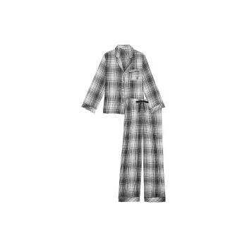 Victoria's Secret Flannel Long Pajama Set / Black & White Plaid Pajama Set Women's Gray