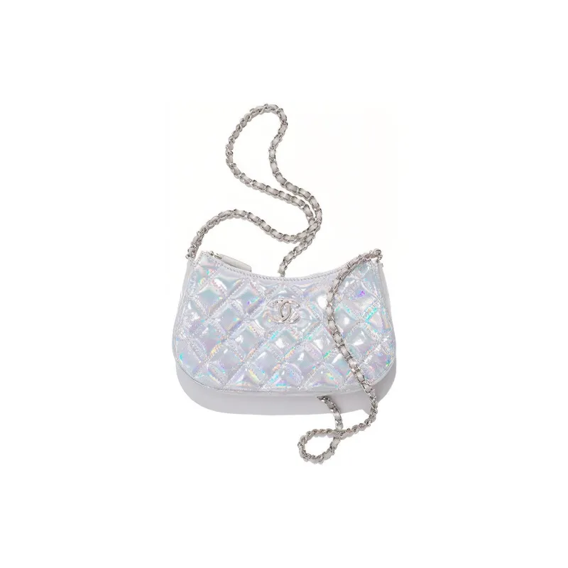 CHANEL Iridescent Mirror Finish Goatskin Crossbody Bag, Shoulder Bag Women's Silver-0