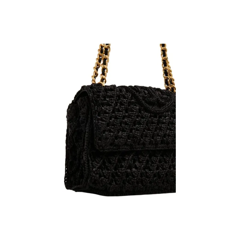 TORY BURCH Fleming Raffia With Leather Trim Handbag Shoulder Bag Women's Black-2
