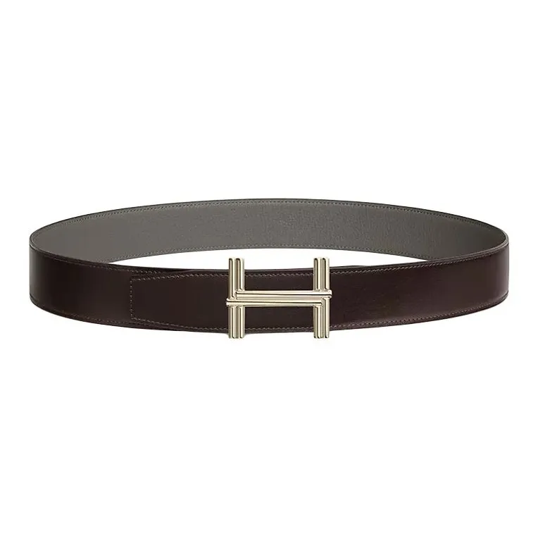 HERMES Metal Leather Belts Men's Ébène / Gris Meyer Width: 3.8CM-0