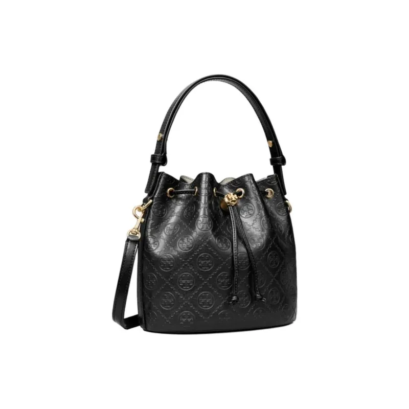 TORY BURCH T Monogram Leather Bucket Bag, Shoulder Bag, Crossbody Bag, Handbag Regular Women's Black-1