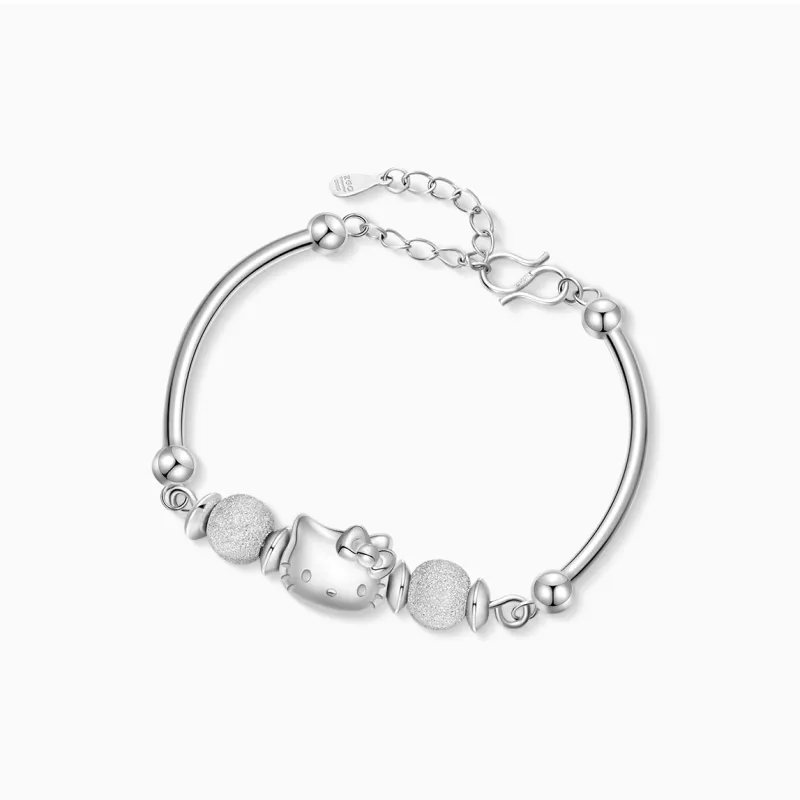 Sanrio S925 Silver Bracelet With Refined Zircon KT Cat Minimalist Style Plain Silver Bangle, Gift Box Set Women's-2