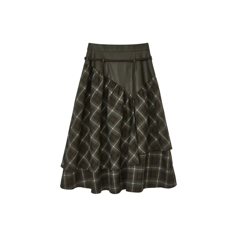 WULISHAONIAN Patchwork Plaid Asymmetrical Drawstring Versatile Playful Half Length Long Skirt Women's-1