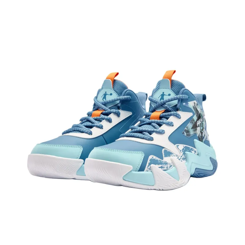 QIAODAN Slip Resistant Shock Absorbers Mid Top Children's Basketball Shoes Blue Teenagers-2