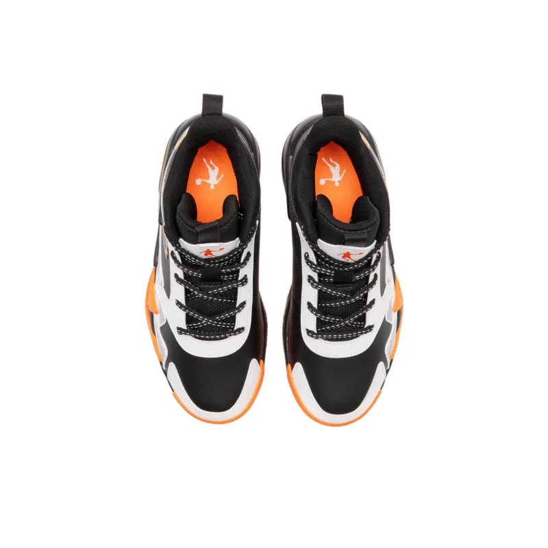 QIAODAN Slip Resistant Cushioning Mid Top Children's Basketball Shoes Black White Teenagers-2