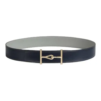 HERMES Calfskin Leather Belts Men's Blue Marine/Gris Muette Width: 3.8CM