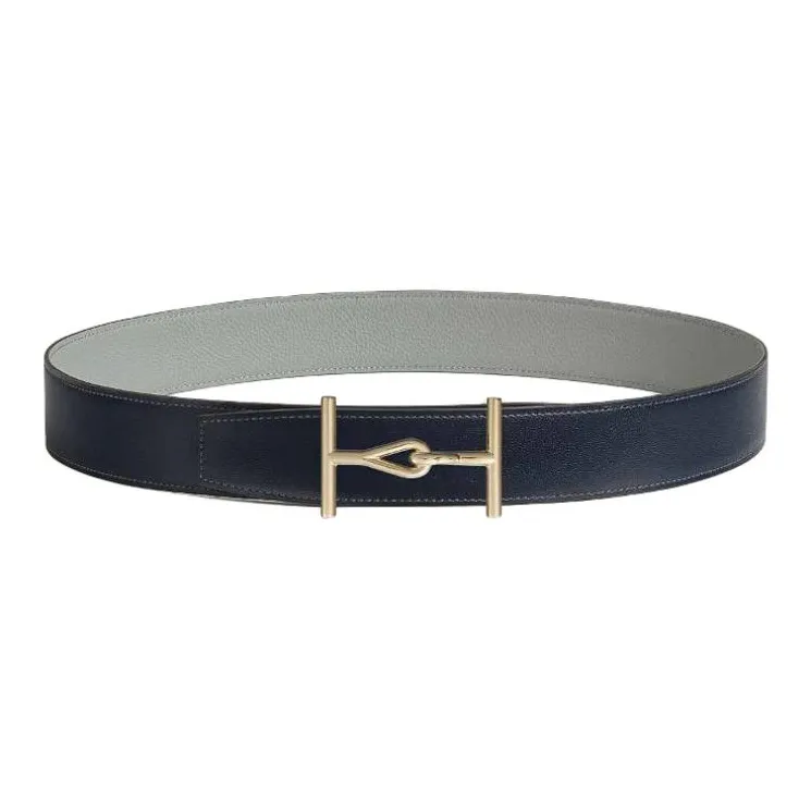 HERMES Calfskin Leather Belts Men's Blue Marine/Gris Muette Width: 3.8CM-0