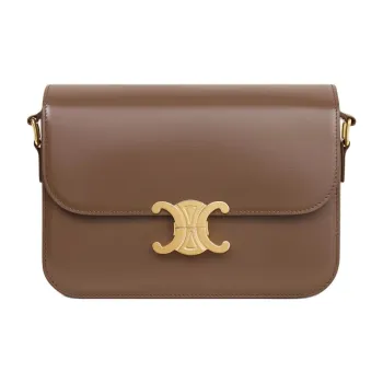 CELINE Calfskin Shoulder Bag Crossbody Bag Regular Women's Glazed Surface Brown