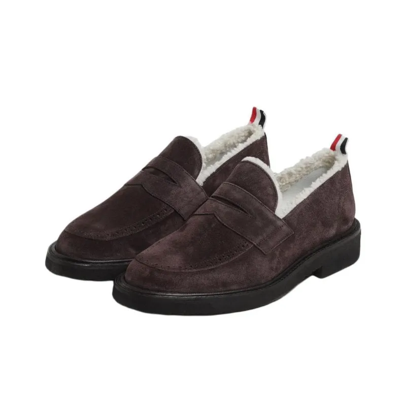 THOM BROWNE Shearling lining Suede Penny Loafers-4