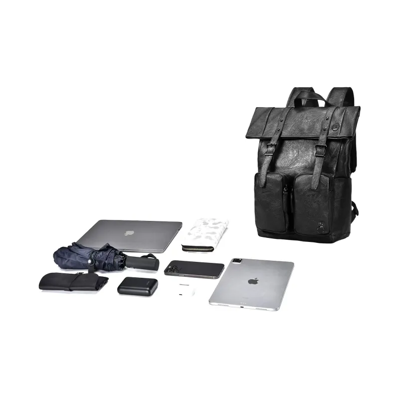 CHUSAN Water Repellent Peanuts Texture PVC Minimalist Style Casual Commute Backpack Regular Unisex Black-4