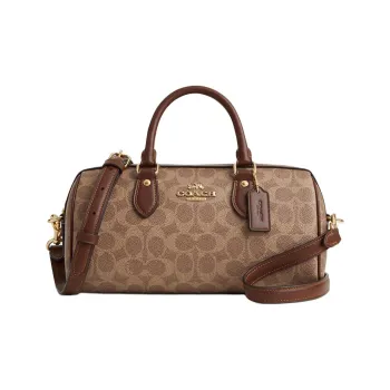 COACH Rowan Coated Canvas Boston Bag Crossbody One Shoulder Handbags Medium Size Women's Tan And Brown